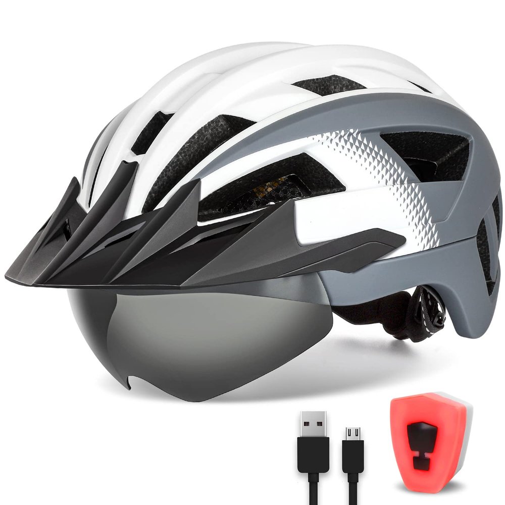 FUNWICT Adult Bike Helmet with Visor and Goggles for Men Women Mountain Road Bicycle Helmet Rechargeable Rear Light Cycling Helmet (L: 57-61 cm (22.4-24 inches), White Grey)