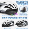 FUNWICT Adult Bike Helmet with Visor and Goggles for Men Women Mountain Road Bicycle Helmet Rechargeable Rear Light Cycling Helmet (L: 57-61 cm (22.4-24 inches), White Grey) view 2