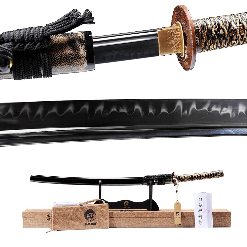 1095 Carbon Steel Clay Tempered Japanese Samurai Katana Sword Hand Forged, Full Tang Sharp, Brass Fittings (Black-Brown)