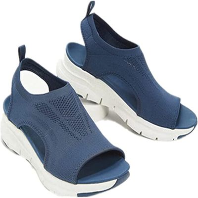 Summer Washable Slingback Orthopedic Slide Sport Sandals, Comfy Knit Thick Bottom Fish Mouth Casual Sandals Mesh Soft Sole Casual Women's Shoes (Blue, 8)