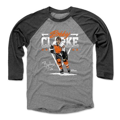 500 LEVEL Bobby Clarke Tee Shirt (Baseball Tee, XXX-Large, Black/Heather Gray) - Bobby Clarke Triangle Name WHT