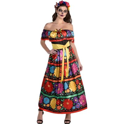 Multicolor Sugar Skull Beauty Dress & Headband Set - Large (10-12) - Enchanting Day of the Dead Costume