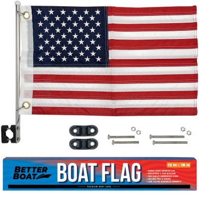 Boat Flag Pole Kit, 12" x 18" Small US American Flag Set, Marine Grade, Dock or Rail Mount Holder, Pontoon Accessories, USA Burgee Flags