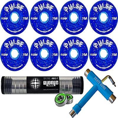 Bundle: Glitter Blue Atom Pulse Wheels + Bearings ABEC7 + Tool