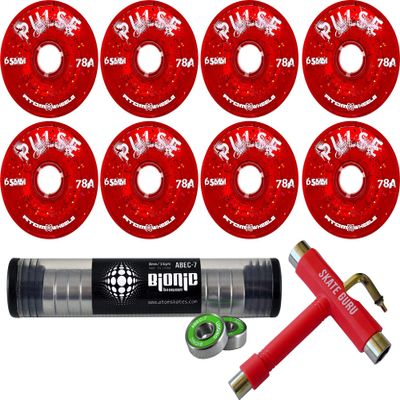 Bundle: Glitter Red Atom Pulse Wheels + Bearings ABEC7 + Tool