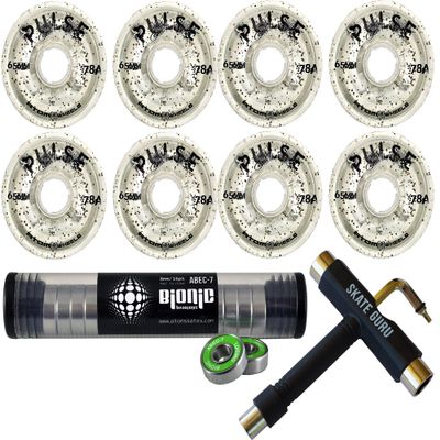 Skate Out Loud Bundle: Glitter Clear Atom Pulse Wheels + Bearings ABEC7 + Tool