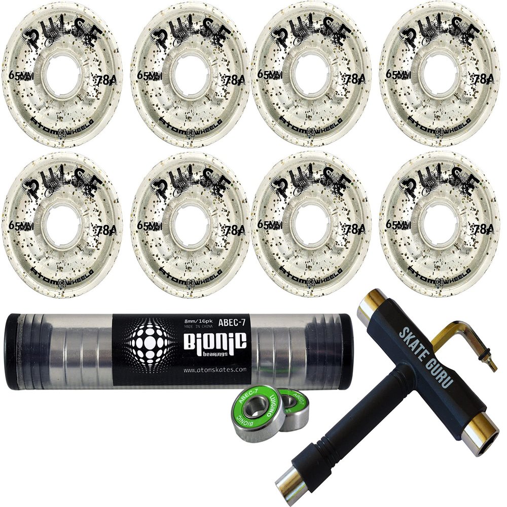 Skate Out Loud Bundle: Glitter Clear Atom Pulse Wheels + Bearings ABEC7 + Tool