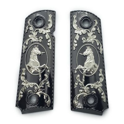 1911 Metal Grips, Gun Grips Screws Included, Full Size (Government/Commander), Scroll Design or w/Rampant, Ambi Safety Cut Black Silver