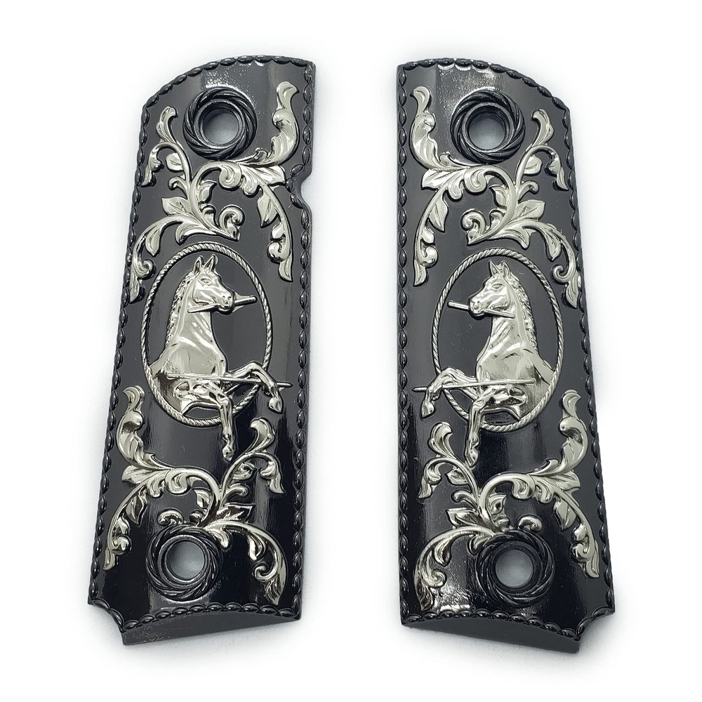 1911 Metal Grips, Gun Grips Screws Included, Full Size (Government/Commander), Scroll Design or w/Rampant, Ambi Safety Cut Black Silver