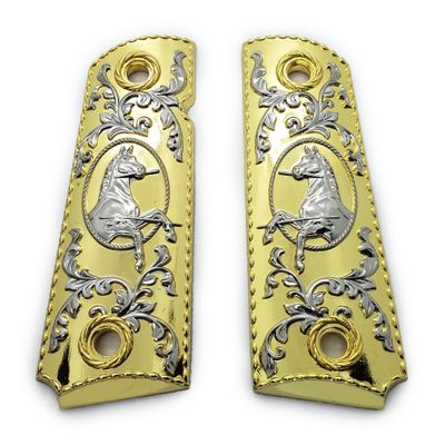 1911 Metal Grips, Gun Grips Screws Included, Full Size (Government/Commander), Scroll Design or w/Rampant, Ambi Safety Cut Gold Silver