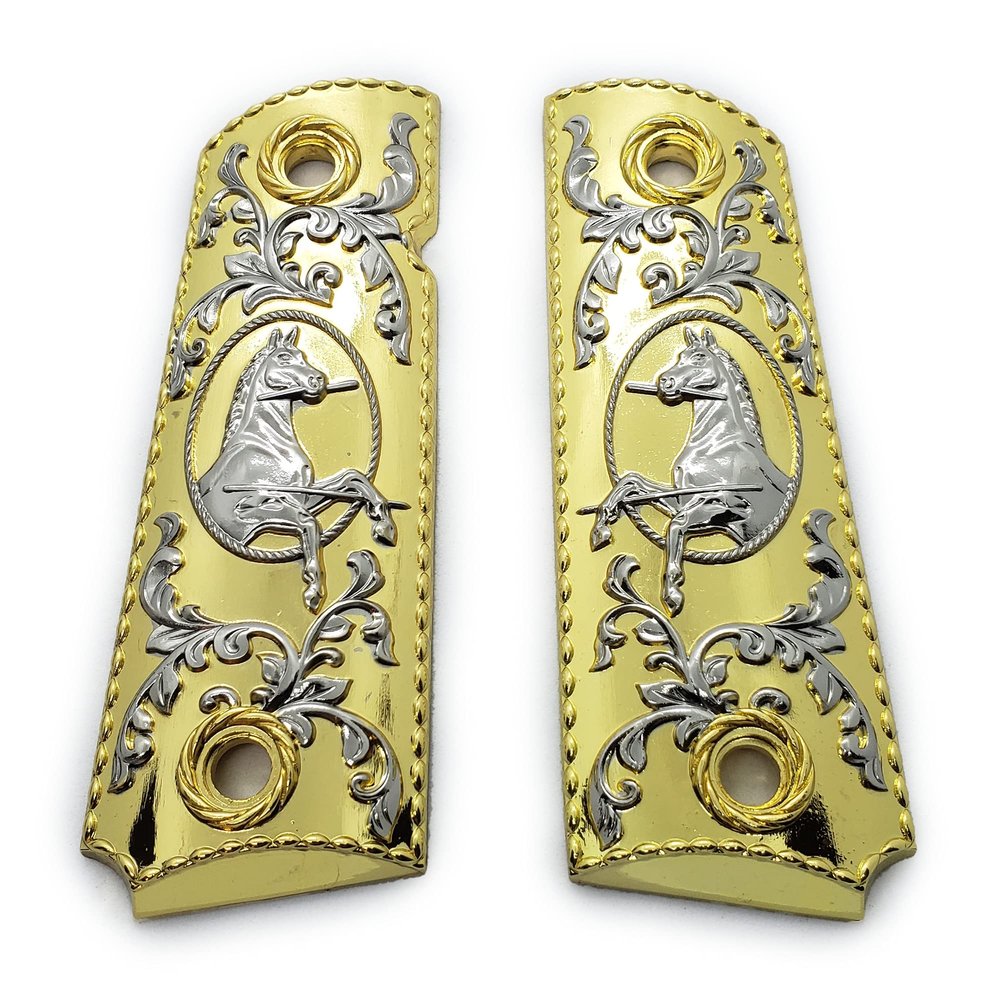 1911 Metal Grips, Gun Grips Screws Included, Full Size (Government/Commander), Scroll Design or w/Rampant, Ambi Safety Cut Gold Silver