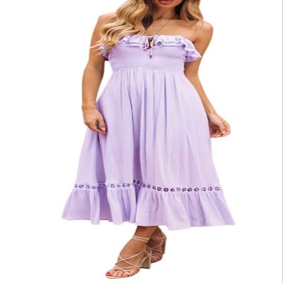 R.Vivimos Womens Summer Cotton Strapless Elastic Ruched Tube Ruffle Casual Boho Midi Flowy Dress (X-Large, Lavender#2)