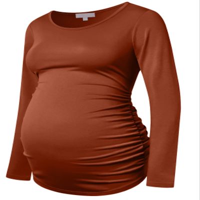 Bhome Maternity Shirt Long Sleeve Basic Top Ruch Sides Bodycon Tshirt for Pregnant Women Caramel L