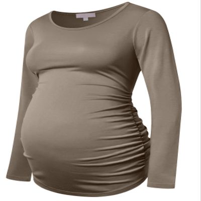 Bhome Maternity Shirt Long Sleeve Basic Top Ruch Sides Bodycon Tshirt for Pregnant Women Coffee S