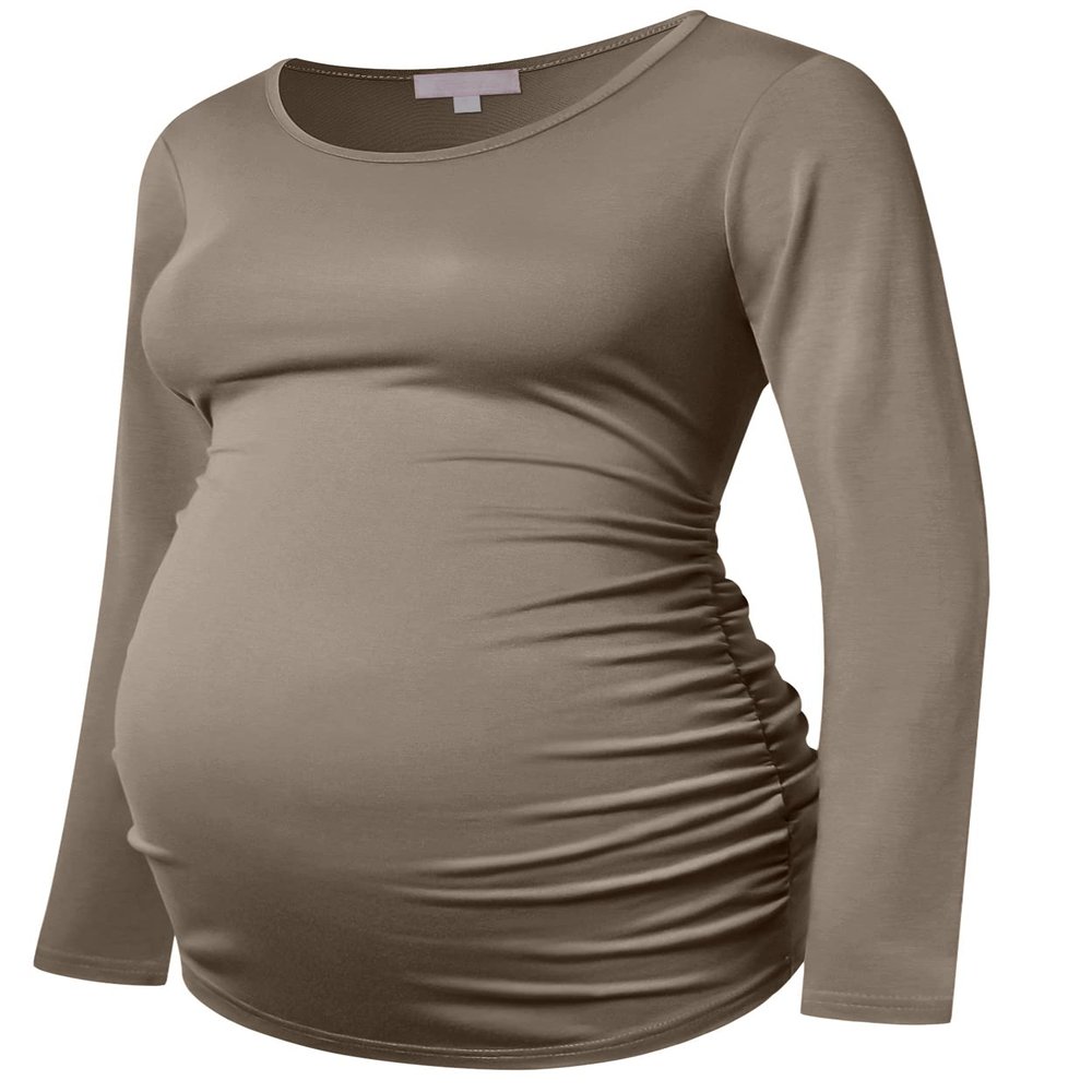 Bhome Maternity Shirt Long Sleeve Basic Top Ruch Sides Bodycon Tshirt for Pregnant Women Coffee S