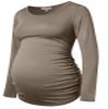 Bhome Maternity Shirt Long Sleeve Basic Top Ruch Sides Bodycon Tshirt for Pregnant Women Coffee S view 1