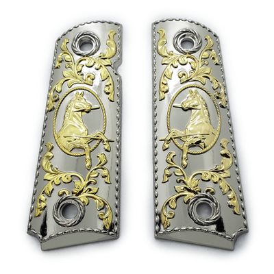 1911 Metal Grips, Gun Grips Screws Included, Full Size (Government/Commander), Scroll Design or w/Rampant, Ambi Safety Cut Nickel Gold