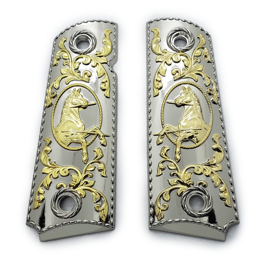 1911 Metal Grips, Gun Grips Screws Included, Full Size (Government/Commander), Scroll Design or w/Rampant, Ambi Safety Cut Nickel Gold