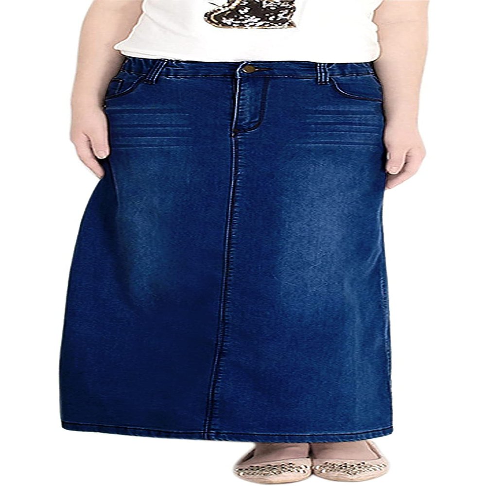 chouyatou Women's Casual Stretch Waist Washed Denim A-line Maxi Skirt (X-Large, Deep Blue)