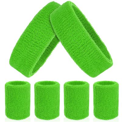 ASTER 6Pieces Green Sweatband Set, Sports Headband Wristband Set, Including 2Pcs Sports Headband and 4Pcs Sweat Wristband, Moisture Wicking Absorbing Green Sweat Band for Men and Women