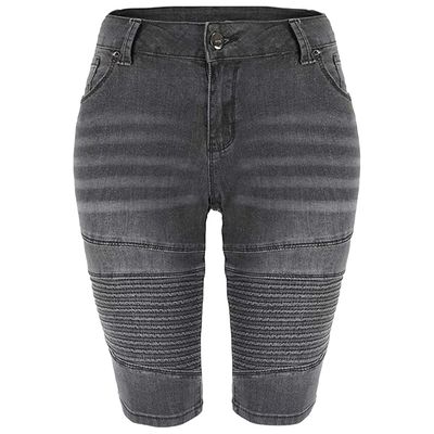 Women's Moto Stretchy Short Jeans Summer Curvy Butt-Lifting Knee Length Jeans High Waist Wrinkle Denim Bermuda Shorts (Dark Gray,Large)