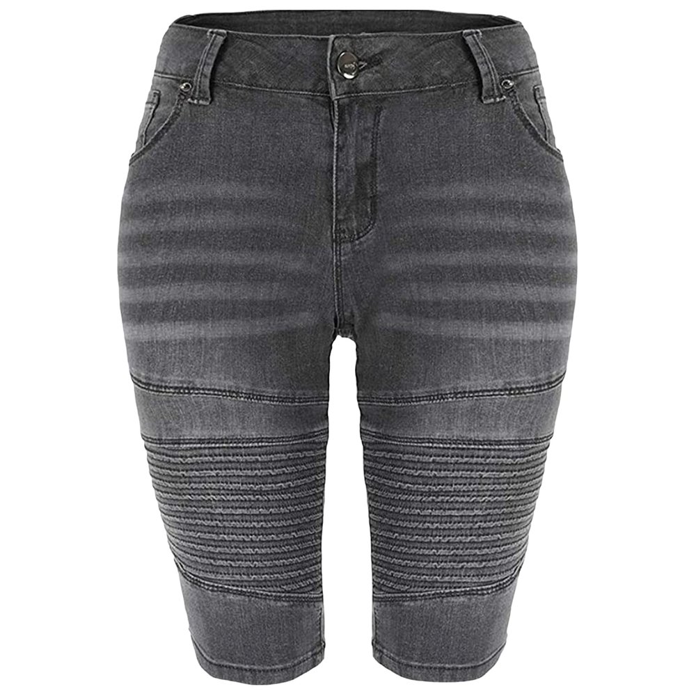 Women's Moto Stretchy Short Jeans Summer Curvy Butt-Lifting Knee Length Jeans High Waist Wrinkle Denim Bermuda Shorts (Dark Gray,Large)