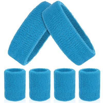 ASTER 6Pieces Light Blue Sweatband Set, Sports Headband Wristband Set, Including 2Pcs Sports Headband and 4Pcs Sweat Wristband, Moisture Wicking Absorbing Light Blue Sweat Band for Men and Women