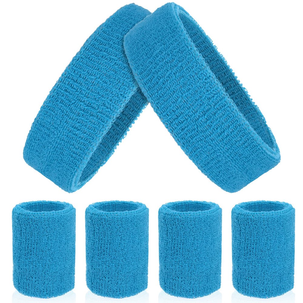 ASTER 6Pieces Light Blue Sweatband Set, Sports Headband Wristband Set, Including 2Pcs Sports Headband and 4Pcs Sweat Wristband, Moisture Wicking Absorbing Light Blue Sweat Band for Men and Women