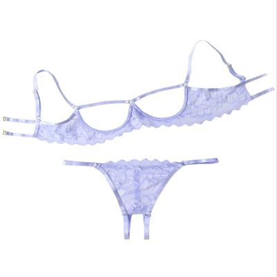 Lilosy Women's Sexy Underwire Floral Lace Sheer Bachelorette Lingerie Set See Through Bra and Panty 2 Piece Lavender Light Purple Medium