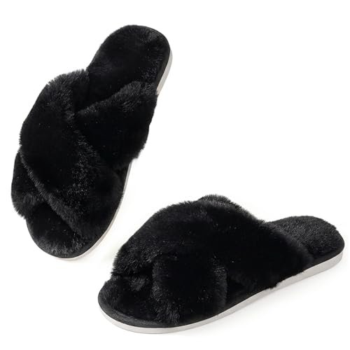 Ankis Womens Black Fuzzy Slippers Memory Foam Cross Band Cozy House Slippers Plush Home Bedroom Fluffy Furry Open Toe Cute Soft Ladies Indoor Outdoor Soft Slipper Slides Wedding Bride Shoes Gifts