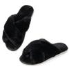 Ankis Womens Black Fuzzy Slippers Memory Foam Cross Band Cozy House Slippers Plush Home Bedroom Fluffy Furry Open Toe Cute Soft Ladies Indoor Outdoor Soft Slipper Slides Wedding Bride Shoes Gifts view 1