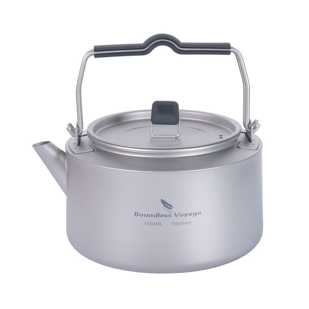 Boundless Voyage Titanium Camping Kettle 1L Ultralight Tea & Coffee Pot for Backpacking, Hiking & Outdoor Travel with Folding Handle & Built-in Filter, Durable Open Fire Water Boiler Ti3098D