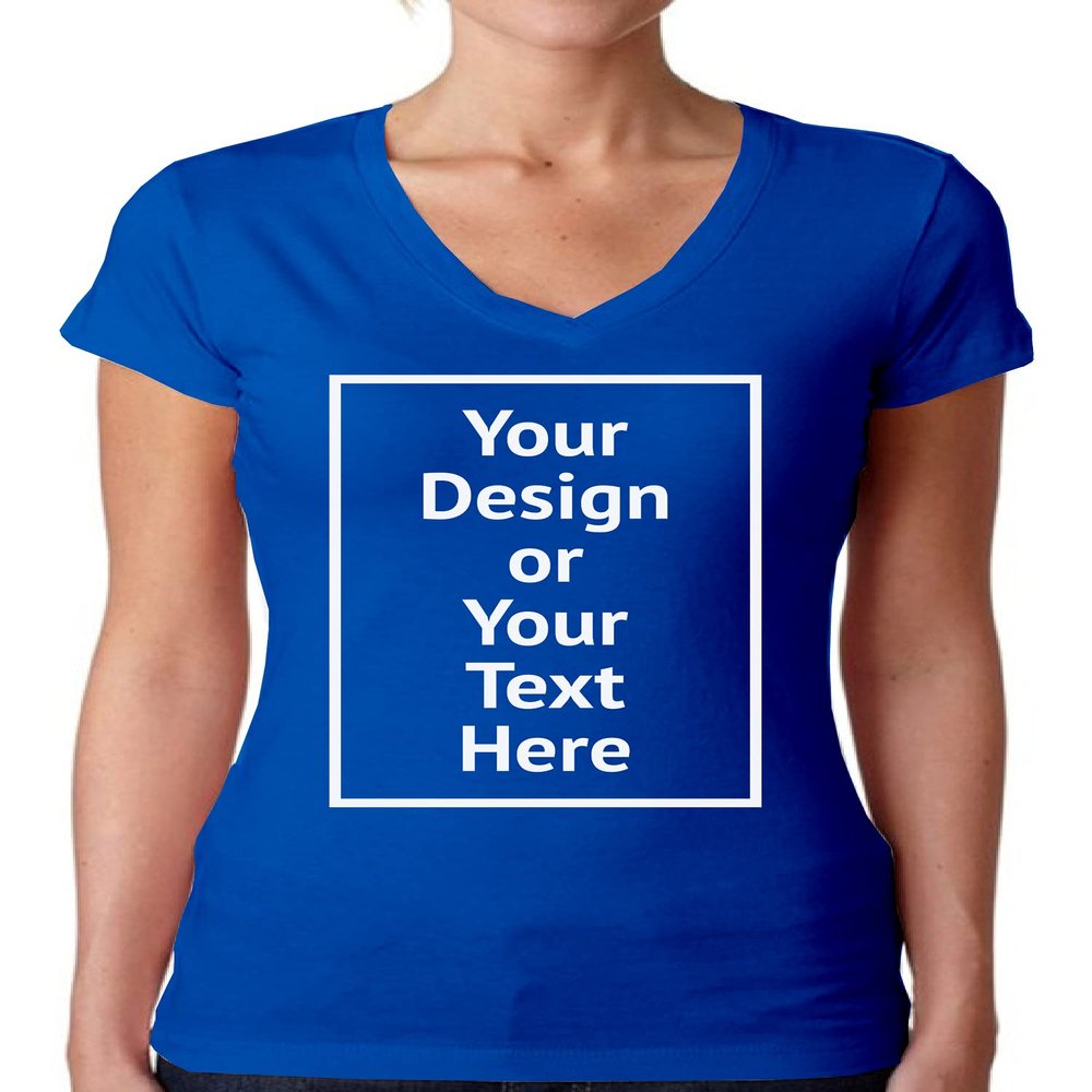 Custom Shirt V-Neck Women Personalized Add Your Image Text T-Shirt Design Photo Front/Back Print Royal XL