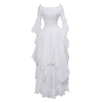 SHOPESSA Women's High Low Victorian Dress Puff Sleeve Off Shoulder Ruffle Medieval Costume for Women Renaissance Dress White