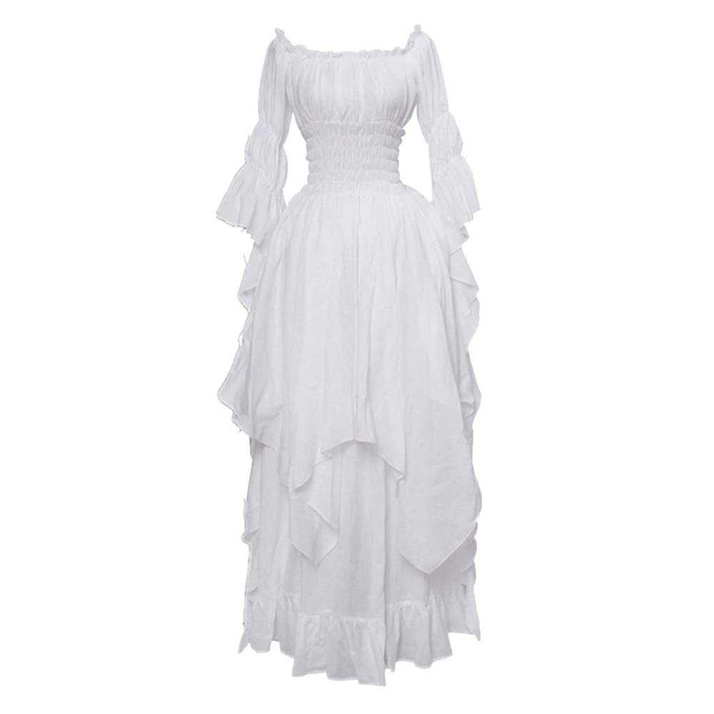 SHOPESSA Women's High Low Victorian Dress Puff Sleeve Off Shoulder Ruffle Medieval Costume for Women Renaissance Dress White