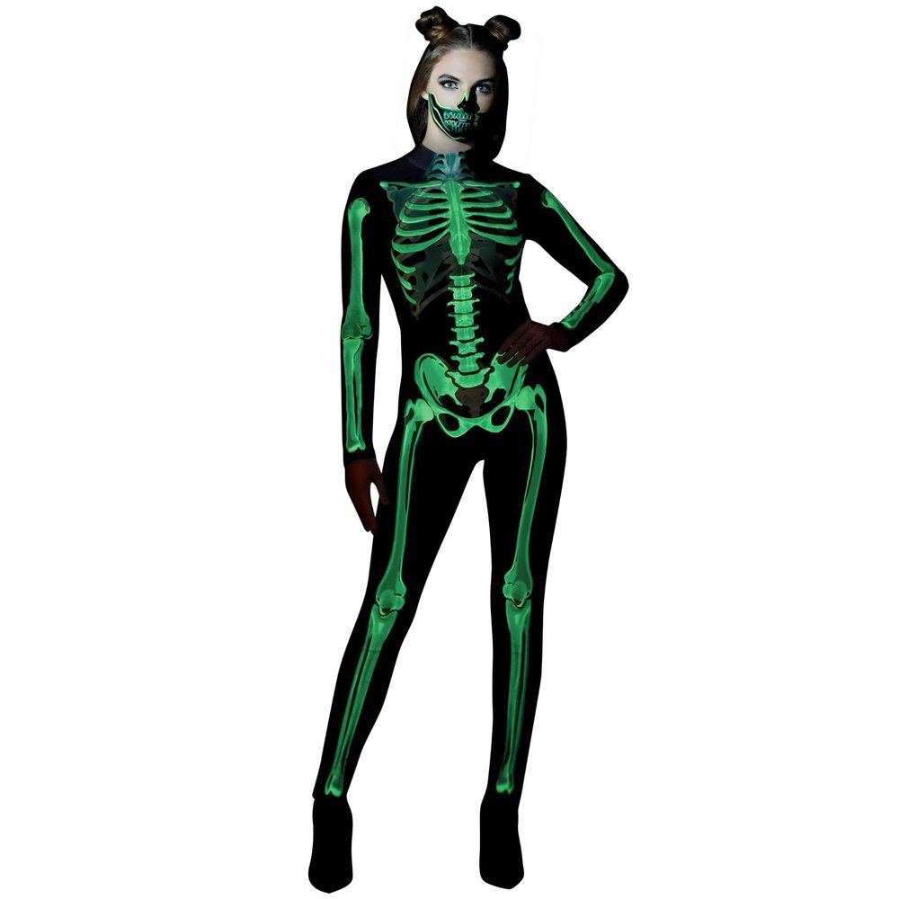 Skeleton Glow Catsuit Costume For Women - Large/ X-Large - Spooky Chic Costume Ideal For Halloween, Themed Parties & More - 1 Pc