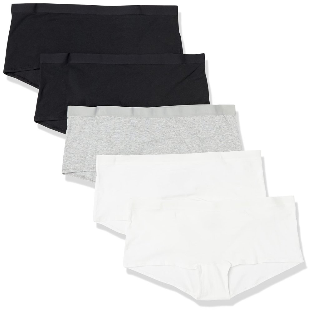 Amazon Essentials Women's Breathable Cotton Boyshort Underwear (Available in Plus Size), Pack of 5, Black/Grey Heather/White, Small