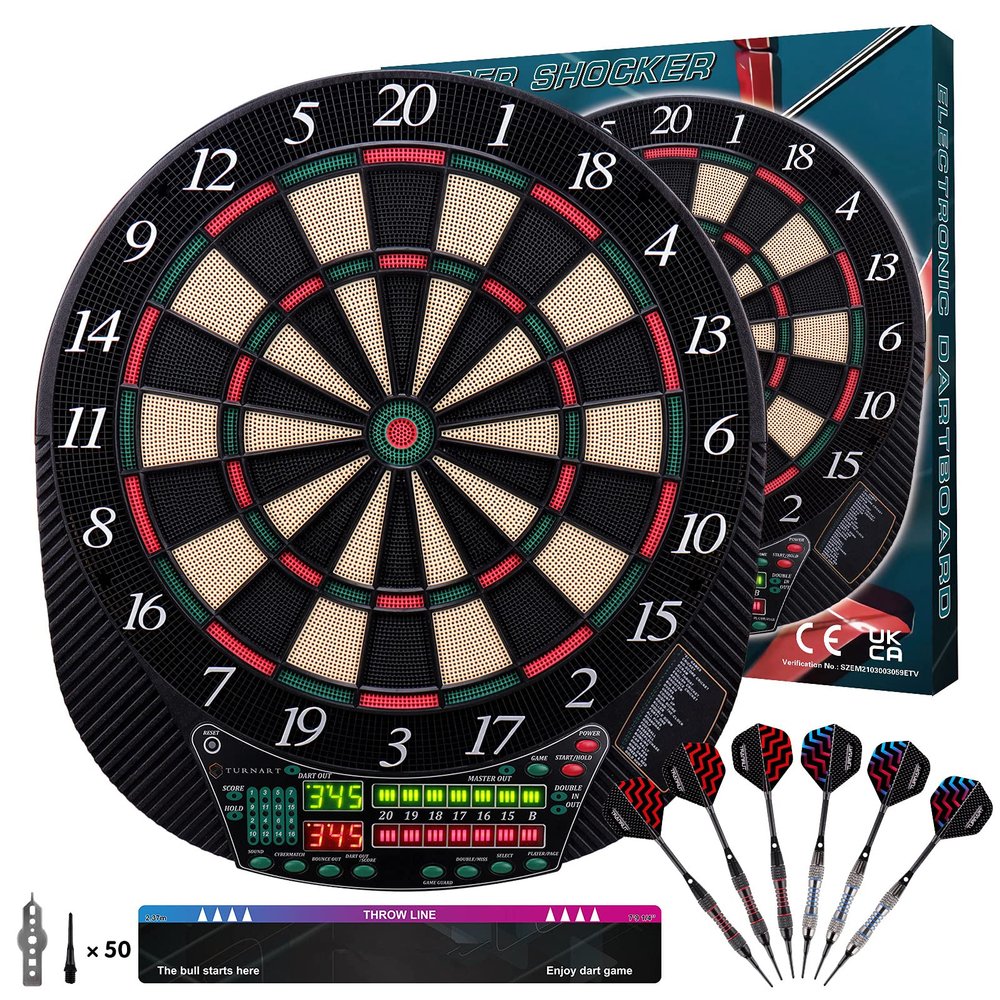 Turnart Electronic Dart Board - Dart Board Electronic Scoreboard for 16 Players - 6 Darts Plastic Tips 50 Soft Tips LED Display Power Adapter Throw Line