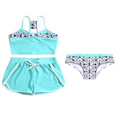 renvena Girls 3 Piece Tankini Sets Spaghetti Straps Camisole + Bikini Briefs + Shorts Bathing Suits Swimwear Green 14