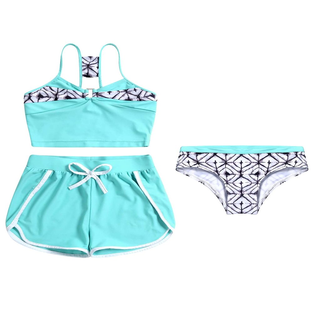 renvena Girls 3 Piece Tankini Sets Spaghetti Straps Camisole + Bikini Briefs + Shorts Bathing Suits Swimwear Green 14