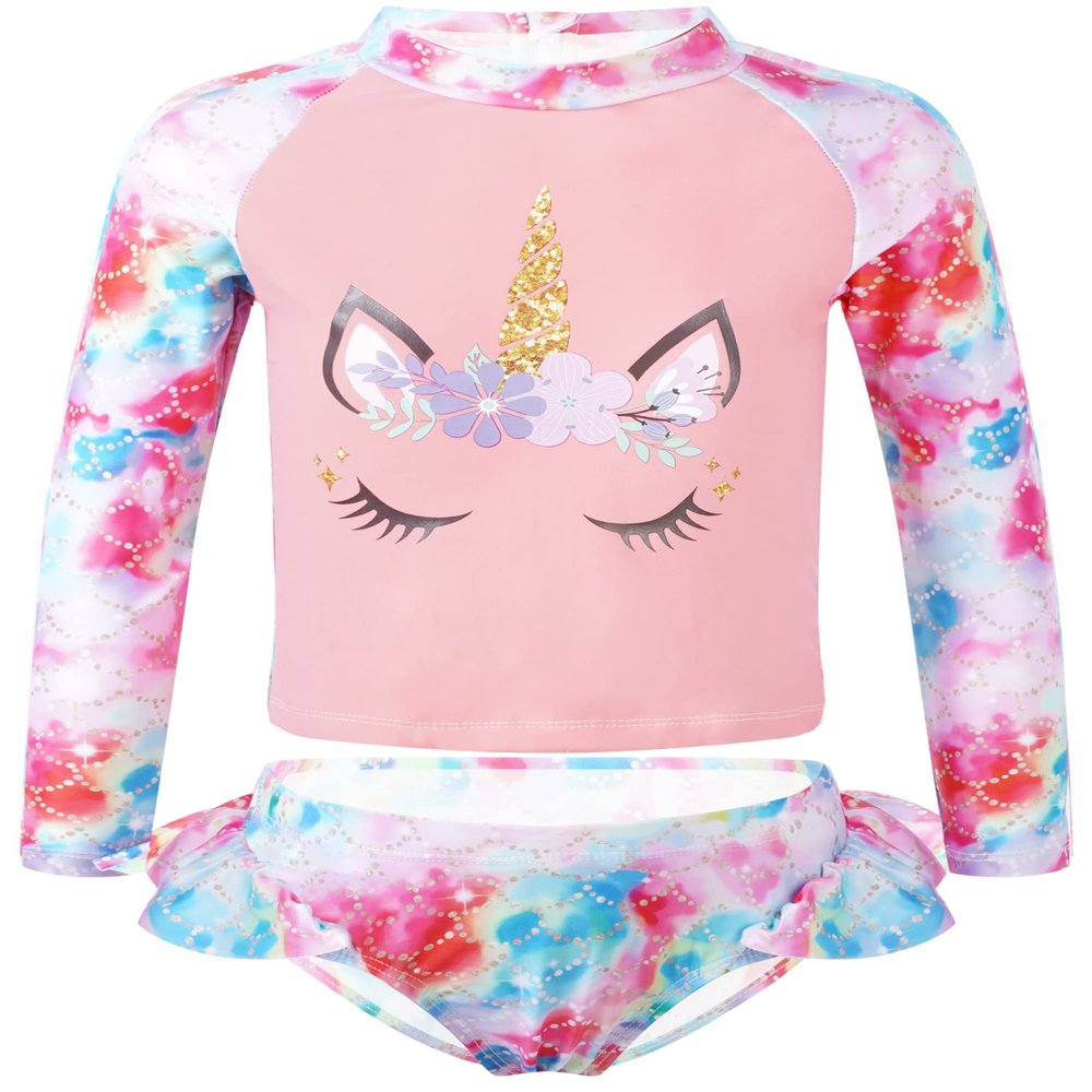 iiniim Kids Girls Rash Guard Long Sleeve Tankini Bathing Suit Swimsuit Fish Scale Cartoon Swimwear Pink 12 Years