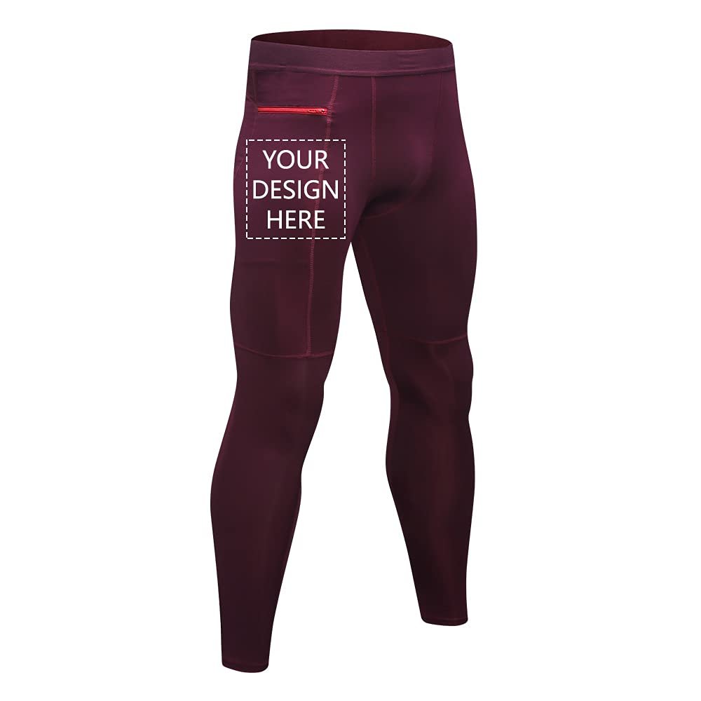 TopTie Custom Men's Compression Pants Personalized Zipper Pocket Baselayer Sports Tights Leggings-Maroon-XL