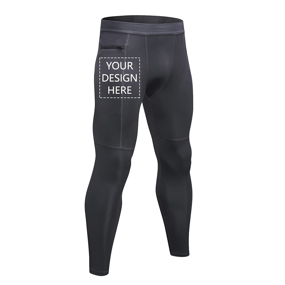 TopTie Custom Men's Compression Pants Personalized Zipper Pocket Baselayer Sports Tights Leggings-Grey-L