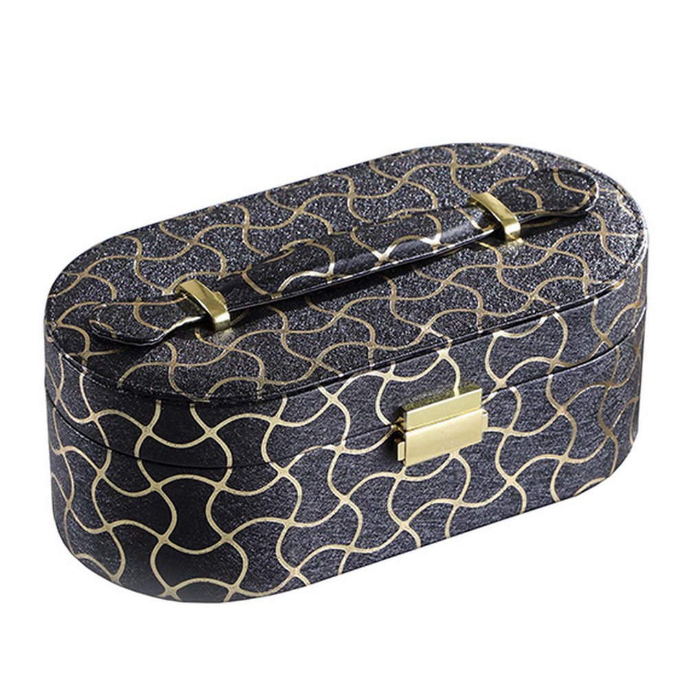 Benjara Travel Jewelry Case with 2 Semicircle Slots and Wavy Pattern, Black