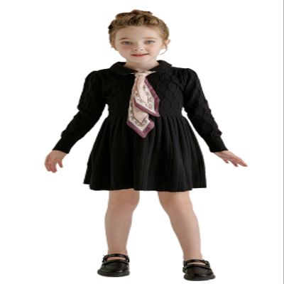 SMILING PINKER Girl Dress Long Sleeve Cable Knit Sweater Turn Down Collar with Neck Scarf(Black,7-8 Years)