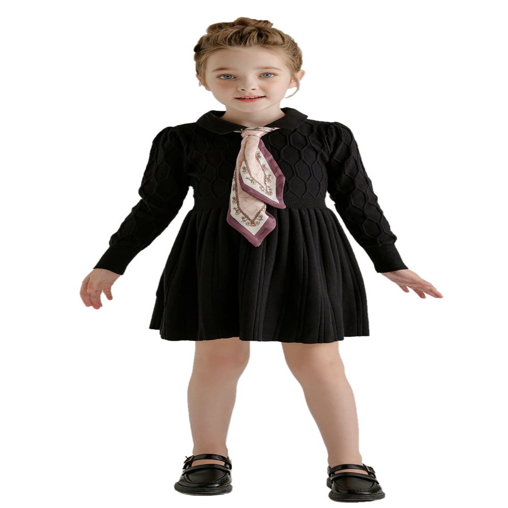 SMILING PINKER Girl Dress Long Sleeve Cable Knit Sweater Turn Down Collar with Neck Scarf(Black,7-8 Years)