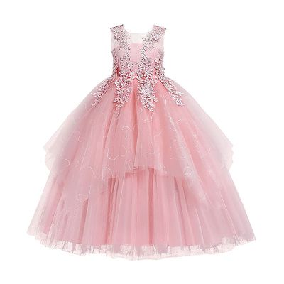 Flower Girl Lace Dress for Kids Wedding Bridesmaid Pageant Party Formal Long Maxi Gown Big Little Princess First Communion Birthday Prom Beaded Sequins Irregular Puffy Tulle Dresses Pink 13-14 Years