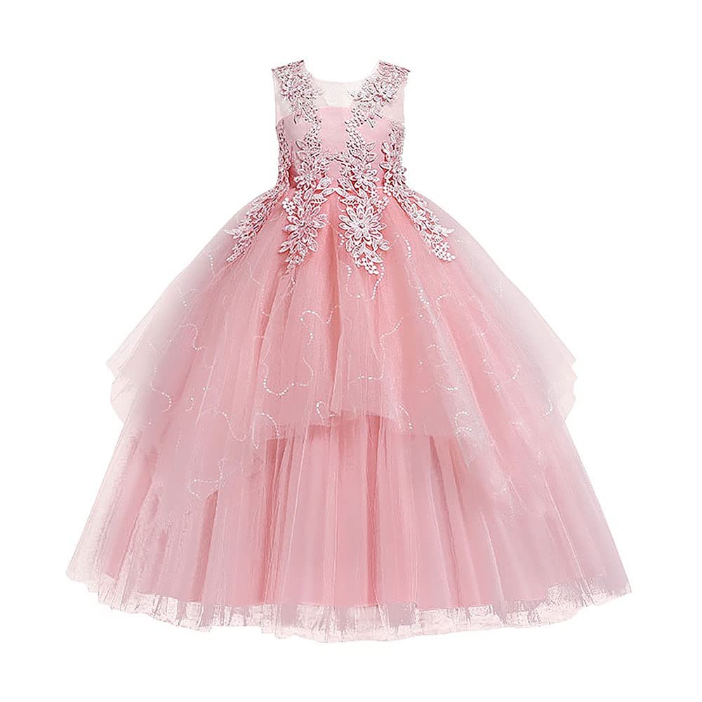 Flower Girl Lace Dress for Kids Wedding Bridesmaid Pageant Party Formal Long Maxi Gown Big Little Princess First Communion Birthday Prom Beaded Sequins Irregular Puffy Tulle Dresses Pink 13-14 Years