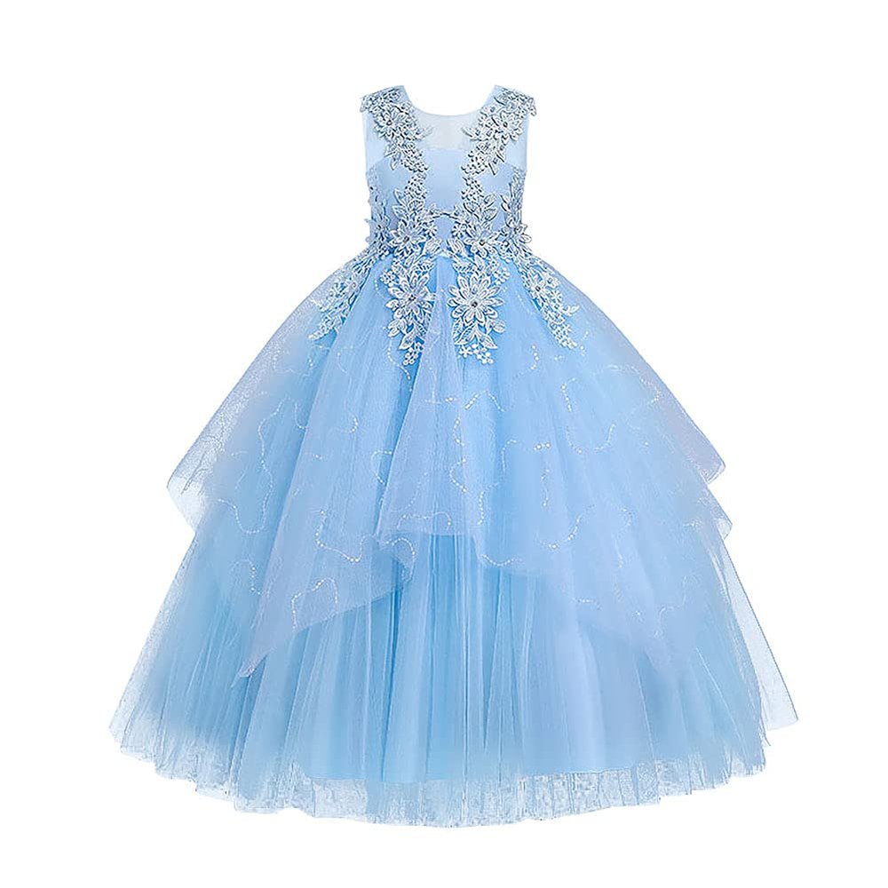 Flower Girl Lace Dress for Kids Wedding Bridesmaid Pageant Party Formal Long Maxi Gown Big Little Princess First Communion Birthday Prom Beaded Sequins Irregular Puffy Tulle Dresses Blue 13-14 Years