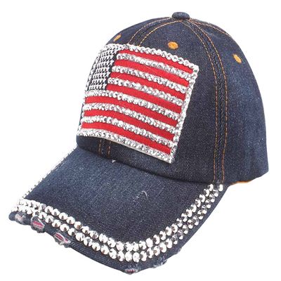 Kangqifen Unisex Distressed Shiny Rhinestone US Flag Washed Denim Baseball Cap Bling Worn Hat Navy Blue